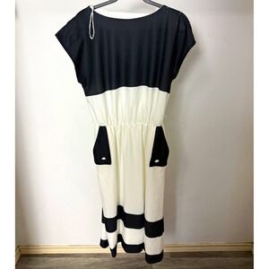 Retro midi Vintage 80s Promises Black White Colorblock Dress Size 18 disco